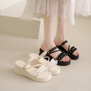 Summer Elegant Round Headed Sexy Pearl Thick Soled