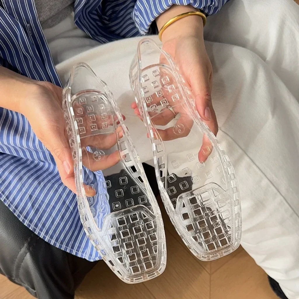Summer Women Square Toe Crystal Jelly Flats Korean
