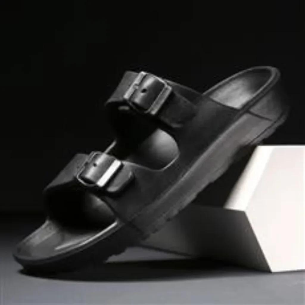 Unisex Black Double Buckle Slide Sandals Thick Cushion