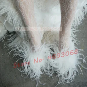 White Ostrich Feather Heeled Slippers Women Sweet Flowing