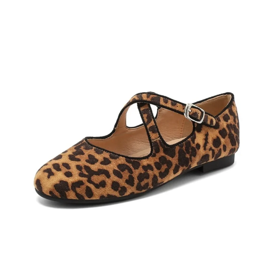 Women Leopard Flats Cross Buckle Strap Round Toe