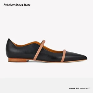 Women’s Dual-straps Leather Ballet Flats Pointed Toe Square