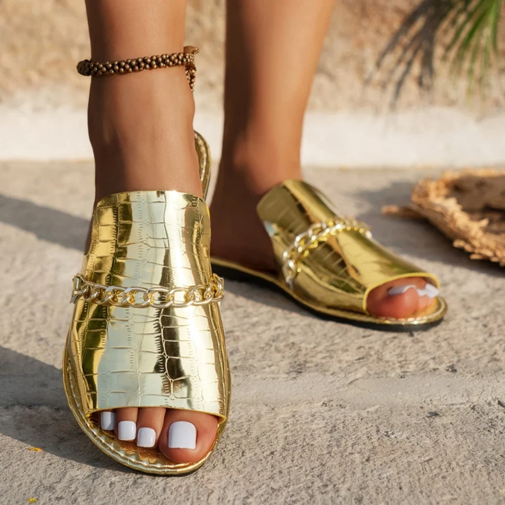 Women’s Glitter Gold Slippers Metallic Textured Sandals Chain