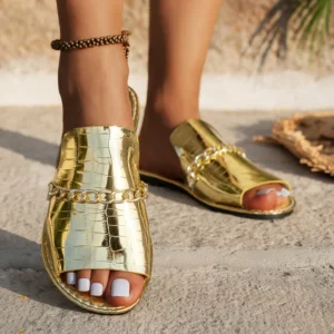 Women’s Glitter Gold Slippers Metallic Textured Sandals Chain