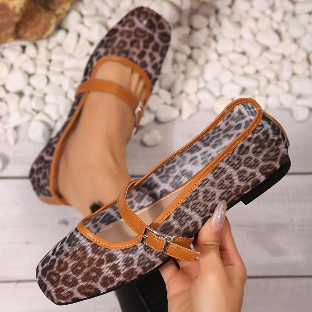 Women’s Leopard Mesh Flats Square Toe Buckle Strap