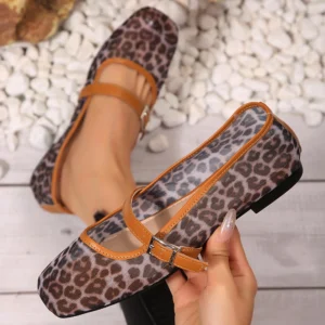 Women’s Leopard Mesh Flats Square Toe Buckle Strap