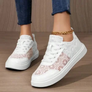 Women’s White & Black Mesh Sneakers, Lightweight Breathable