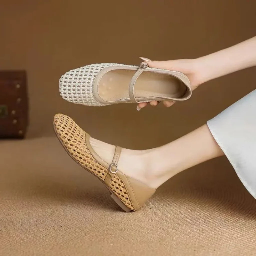 Woven Cutout Flat Single Shoes Women’s Summer Square