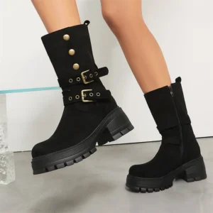 2026 Autumn Women’s Belt Buckle Short Boots Thick