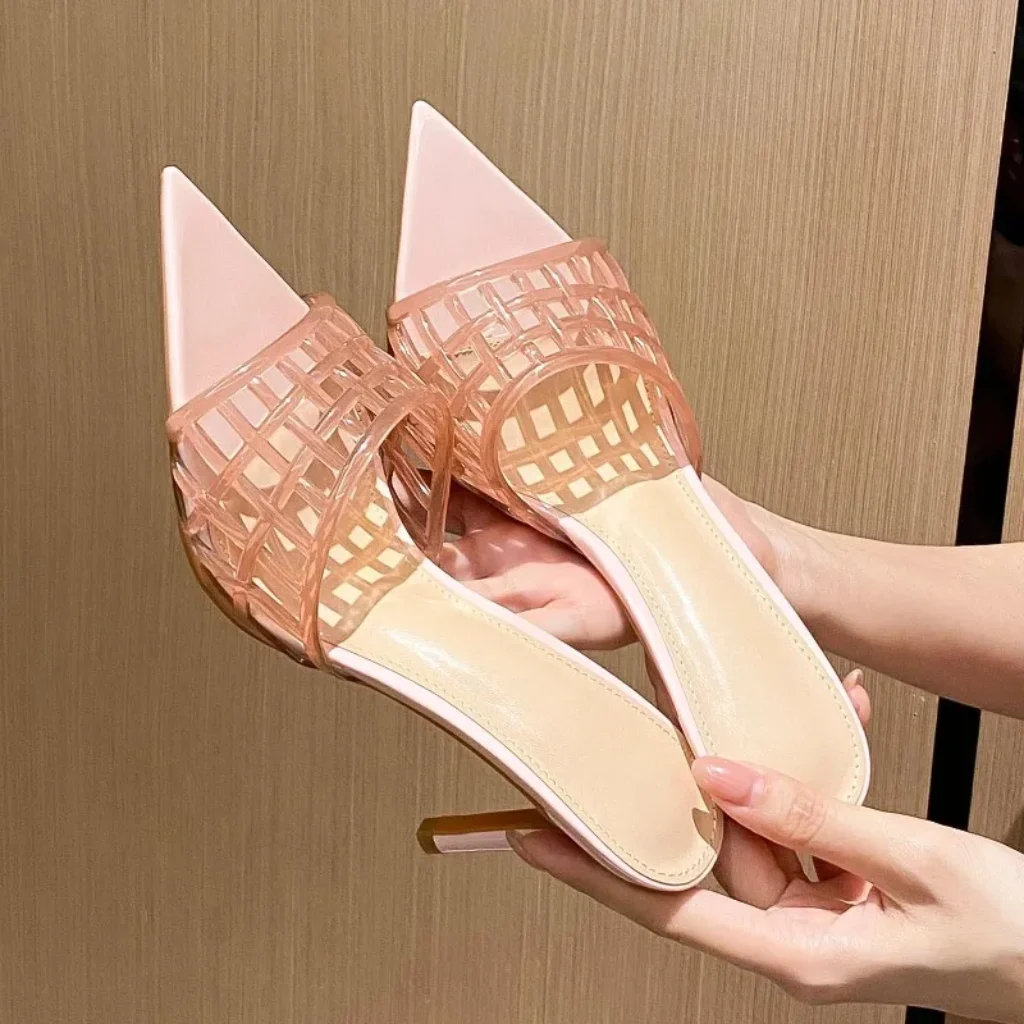 2026 Women’s Hollow-Out Grid PVC Heeled Mules Pointed