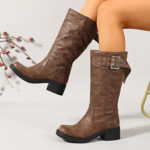 2026 Women’s Retro Belt Buckle High Heel Boots