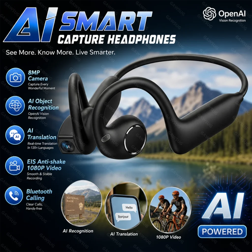AI Smart Earphones 1080P Camera EIS Anti-Shake Video