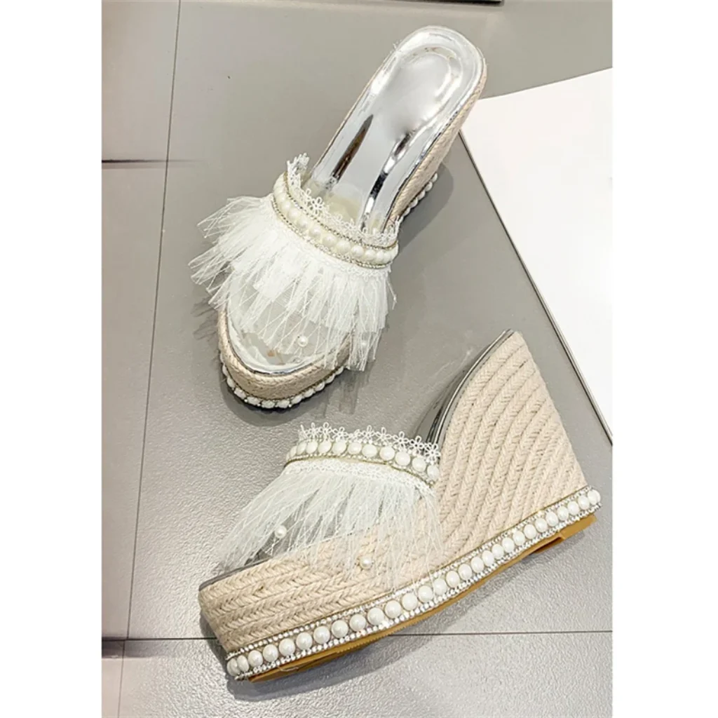 Aneikeh 2026 Summer Fashion Designer Crystal Weave Wedges