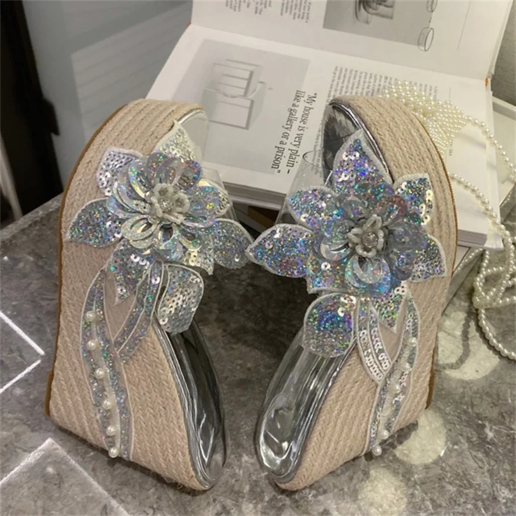 Aneikeh Fashion Platform Wedges High Heels Bling Sequin