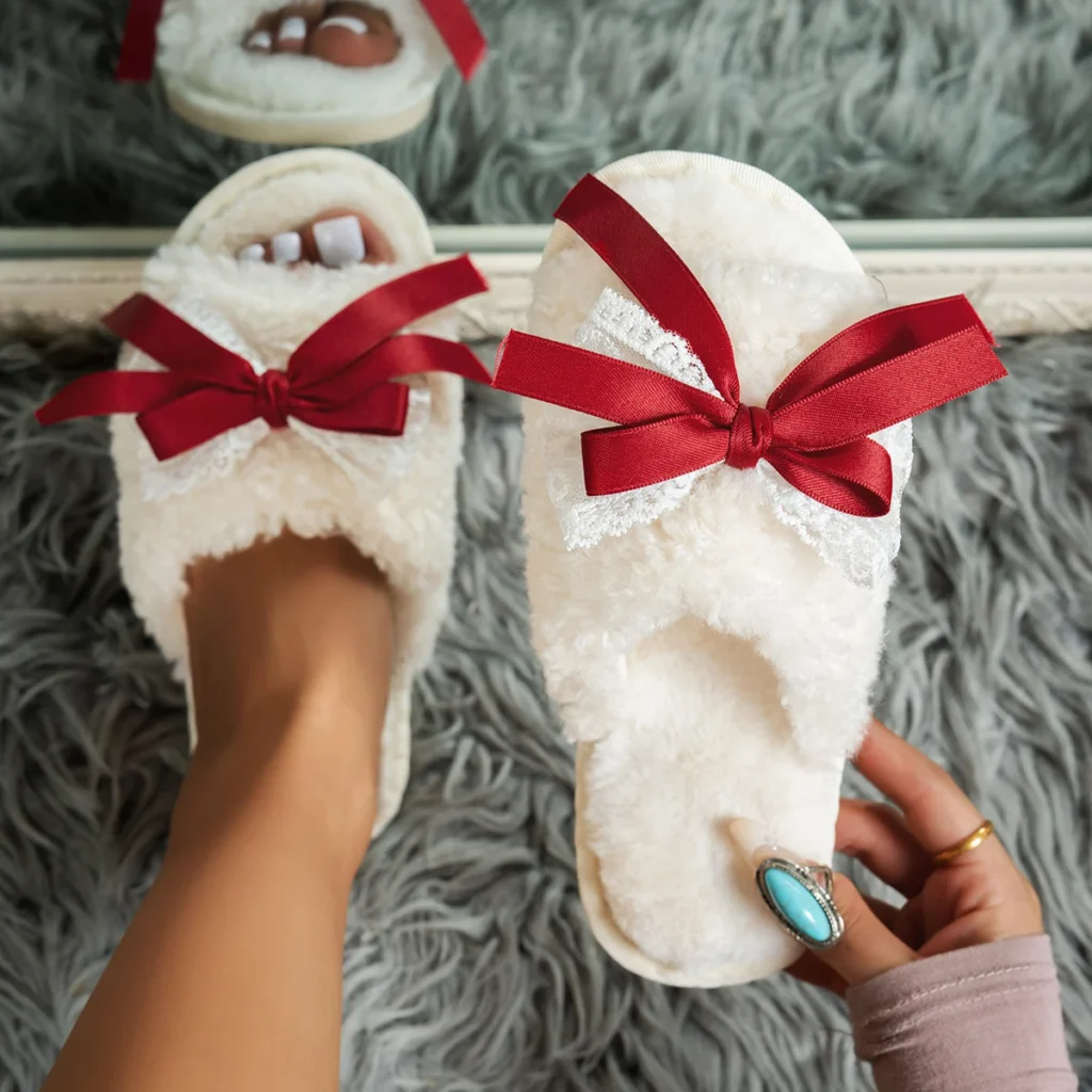 Autumn Winter Women Fashion Indoor Plush Bow Slippers