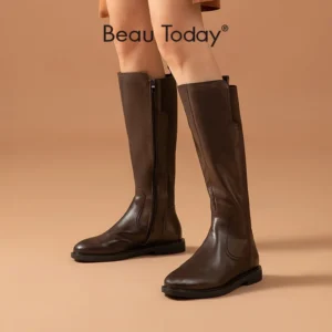 BeauToday Long Boots Women Genuine Cow Leather Elastic