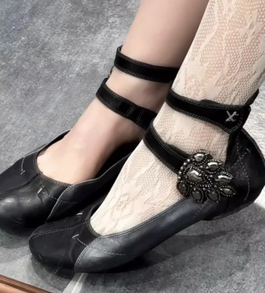 Black Distressed Leather Mary Jane Flats Crystal-Embellished Floral