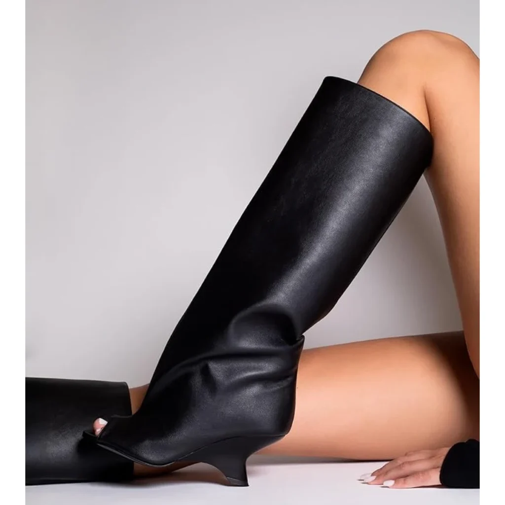 Black Round Open Toe Shape Heel Summer Boots