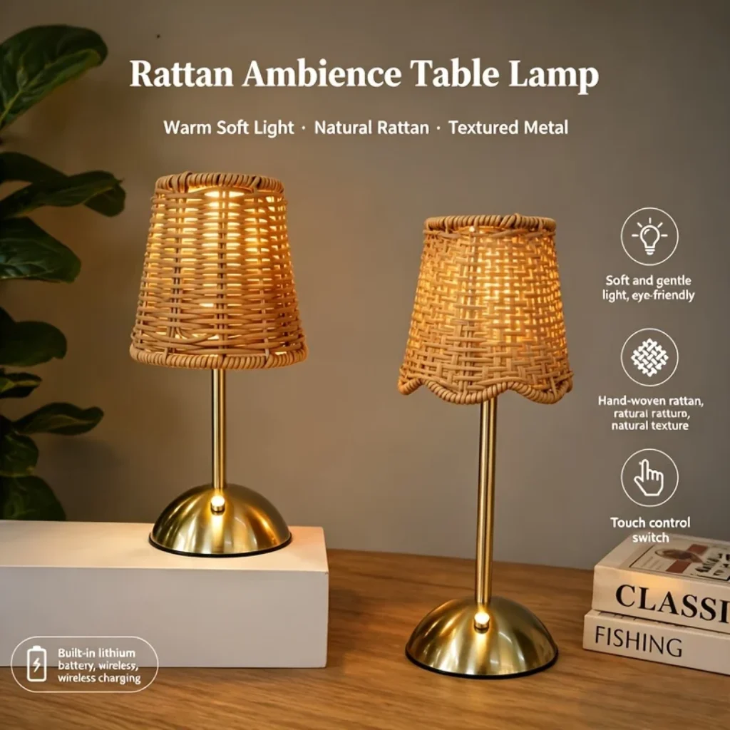 Bohemian Woven Rattan Art Table Lamp, 3-Level Dimmable