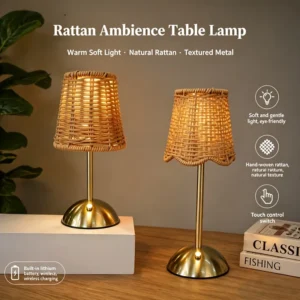 Bohemian Woven Rattan Art Table Lamp, 3-Level Dimmable