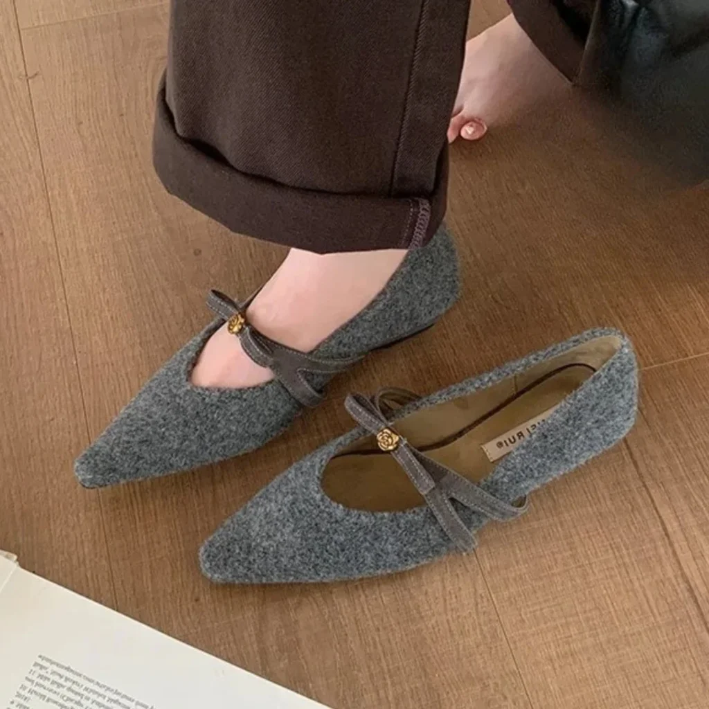 Bowknot Pointed Toe Low Heel Women Shoes Warm