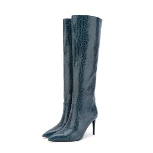 Dark Blue Gloss Stone Pattern Knee High Boots