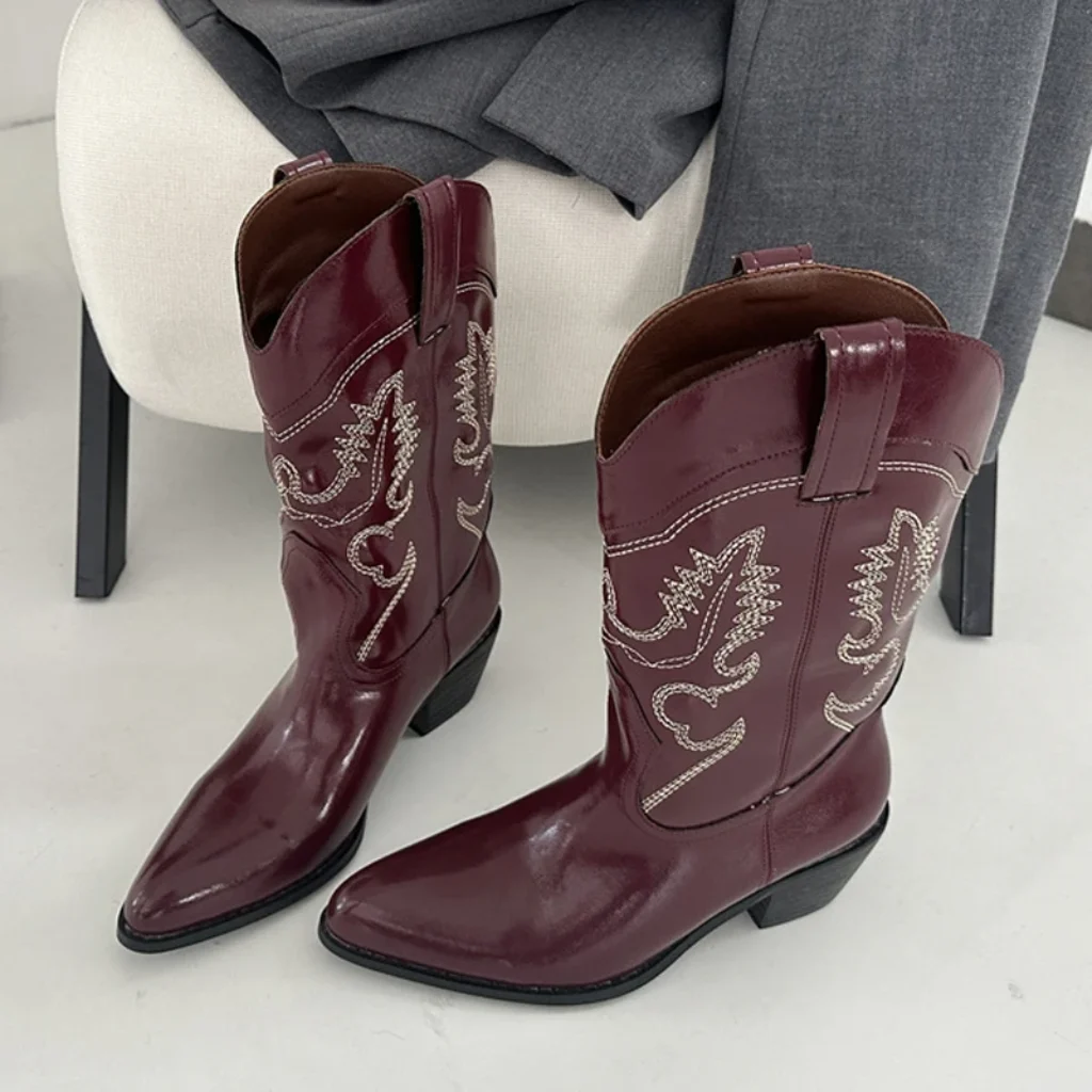 Designer Wine Red Leather Western Boots Woman Pointed