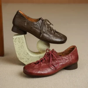 Elegant Red Genuine Leather Lace Up Women Loafers