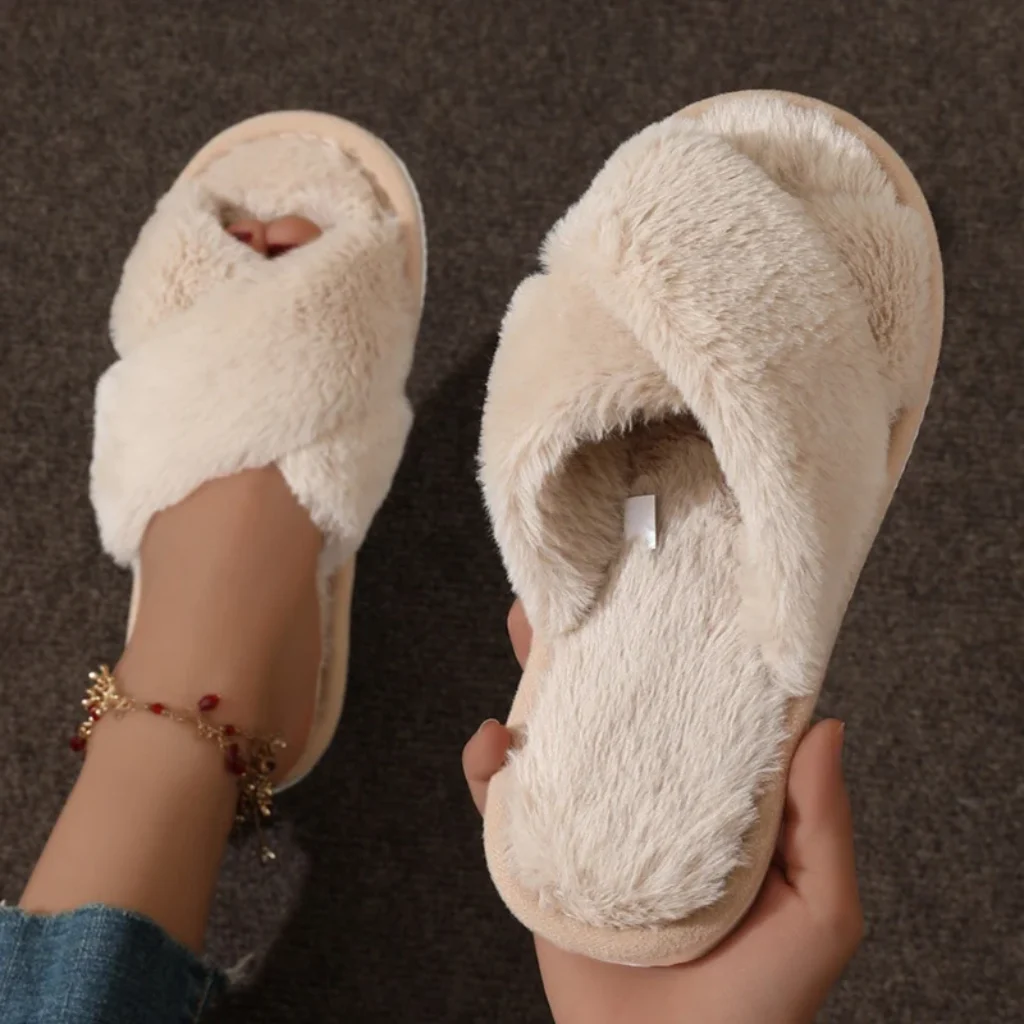Fashion Women Fluffy Slippers Cross Band Soft Plush