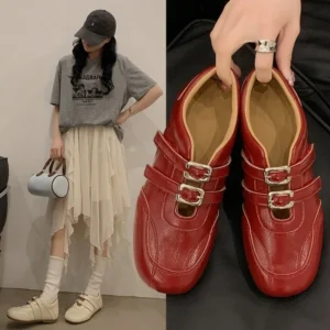 Fashion Women Round Toe Double Metal Buckle Flat