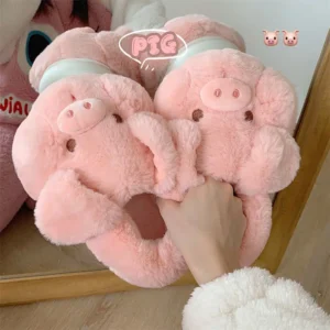 Feerldi Pink Fluffy Pig Slippers Women Slip Animal