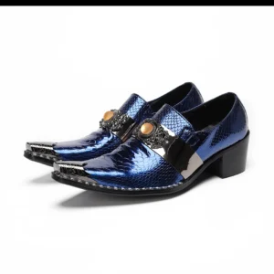 Luxury Blue Metal Charm Pointed Toe Formal Brogue