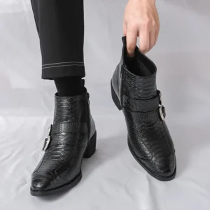 Men High Top Boots PU Belt Buckle Pointed