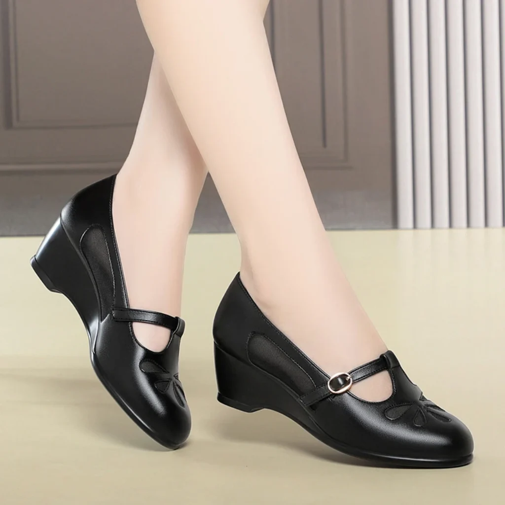Middle Aged Women Summer Mesh Cutout Wedge Heel