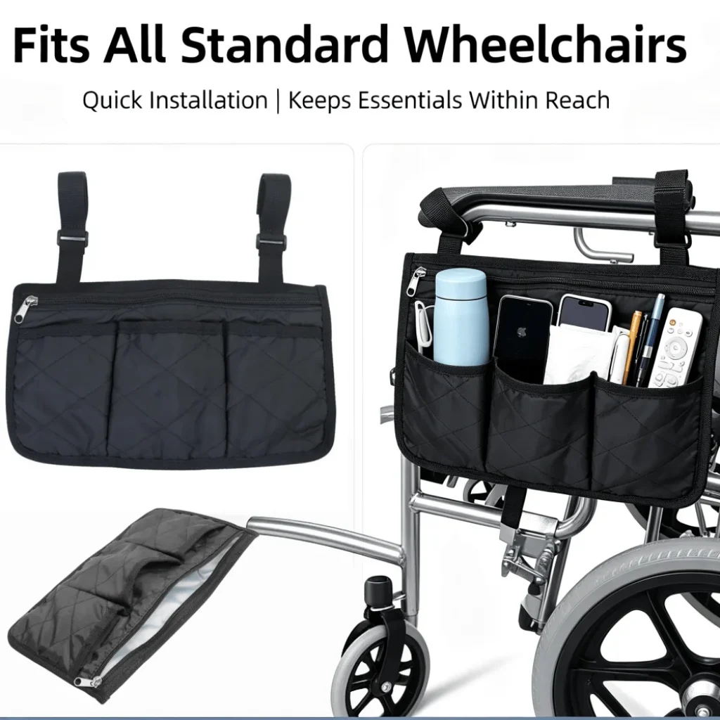 Multifunctional Wheelchair Armrest Side Storage Bag Multi-pocket Hanging
