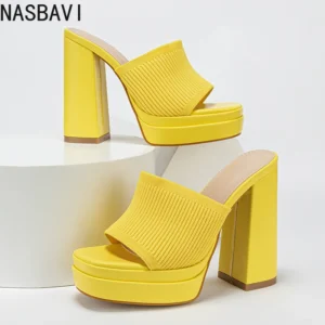 NASBAVI Cosy Stretch Fabric Knitted Chunky High Heels
