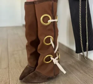 Autumn/Winter Women’s Black Suede Knee High Boots Gold