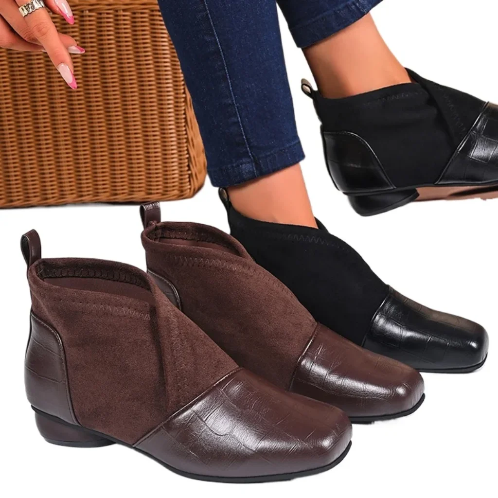Booties Autumn Square Toe Spliced Suede Rear Zip