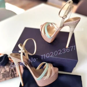 Nude Crystals Platform Sandals Women Iridescent High Stiletto