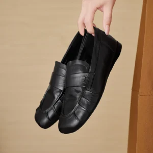 Retro Square Toe Flats Women Fashion Sewing Pleated