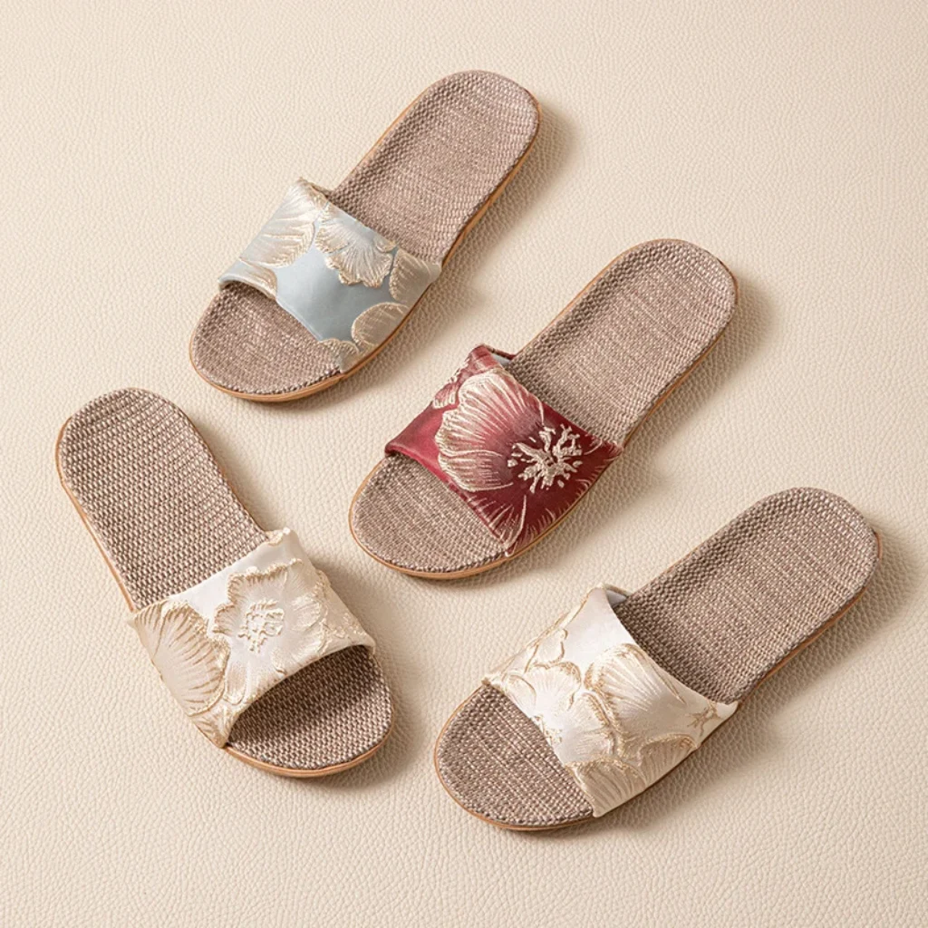 Silk Oriental Floral Slippers Women Home Summer Linen