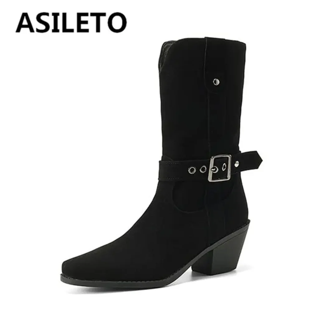 SIMLOVEYO Flock Western Boots Women Square Toe Block