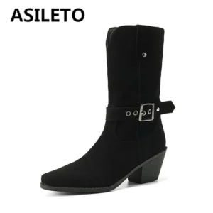 SIMLOVEYO Flock Western Boots Women Square Toe Block