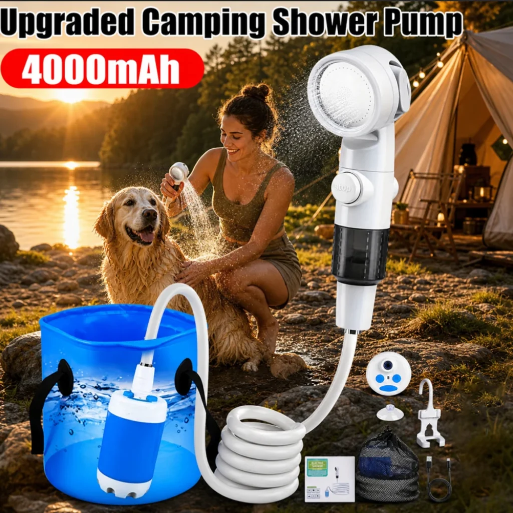 Upgraded Portable Camping Shower Pump Rechargeable 4000mAh Digital