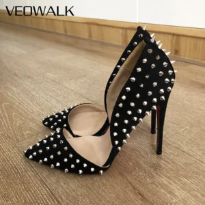 Veowalk Full Spikes Rivets Women Flock Sexy D’Orsay