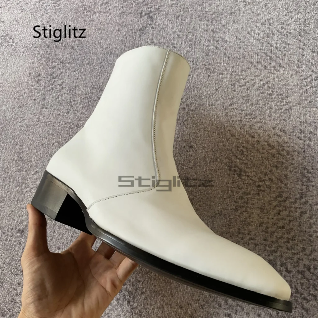 White Genuine Leather Chelsea Boots Men Pointed Toe