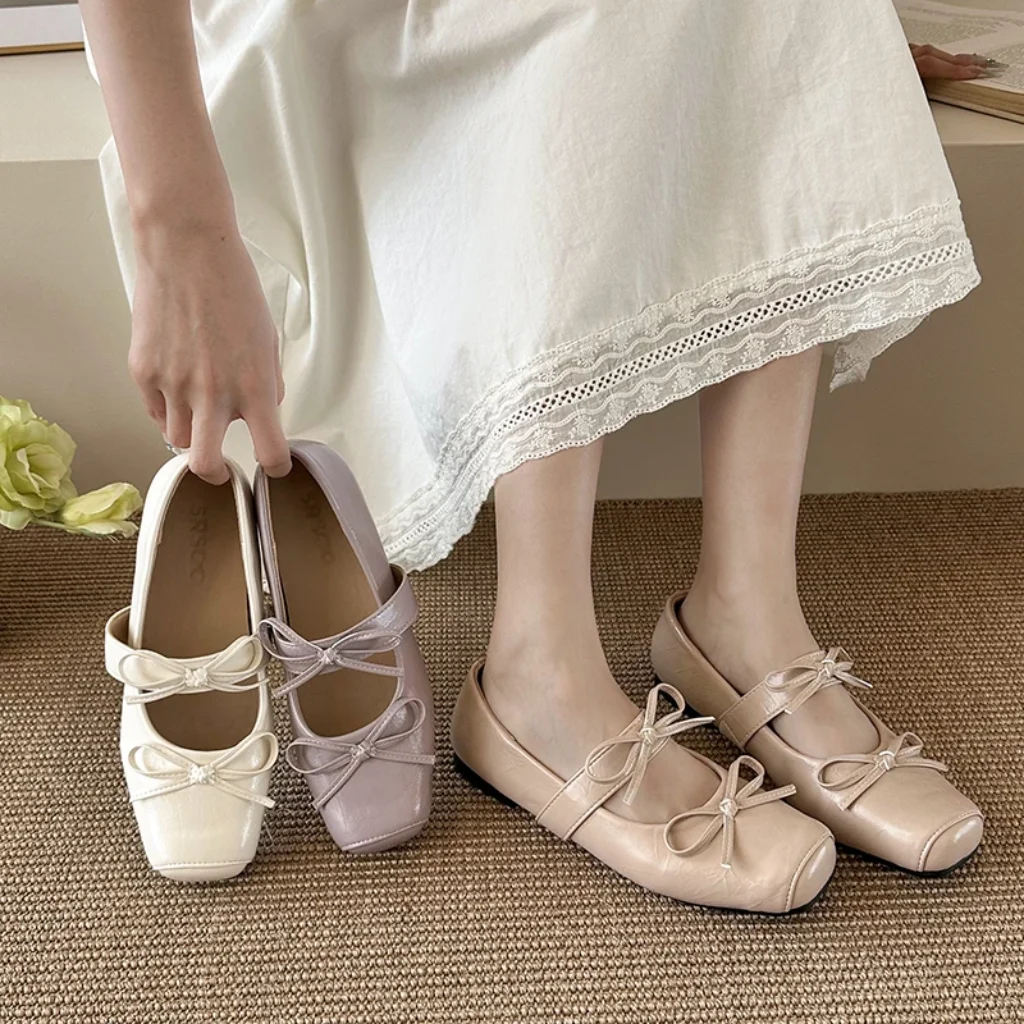 Women Flat Shoes Women Square Toe Soft Leather
