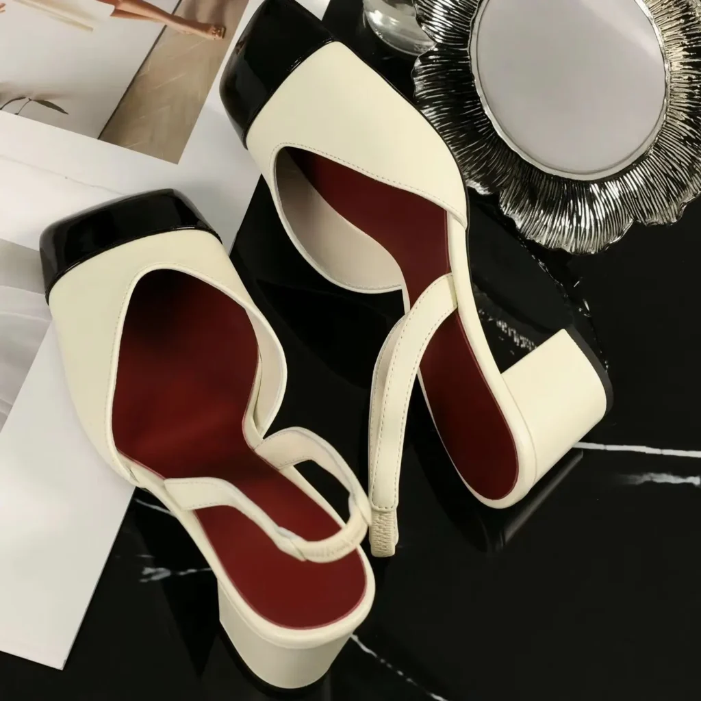 Women Slingback Pumps Two Tone Cream Black Patent