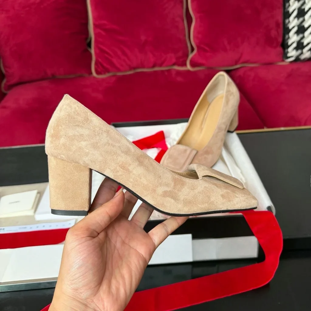 Women Square Toe Pumps Beige Suede Square Buckle