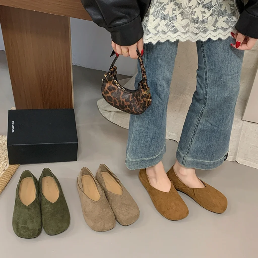 Women Suede V Cut Flat Shoes Soft Sole